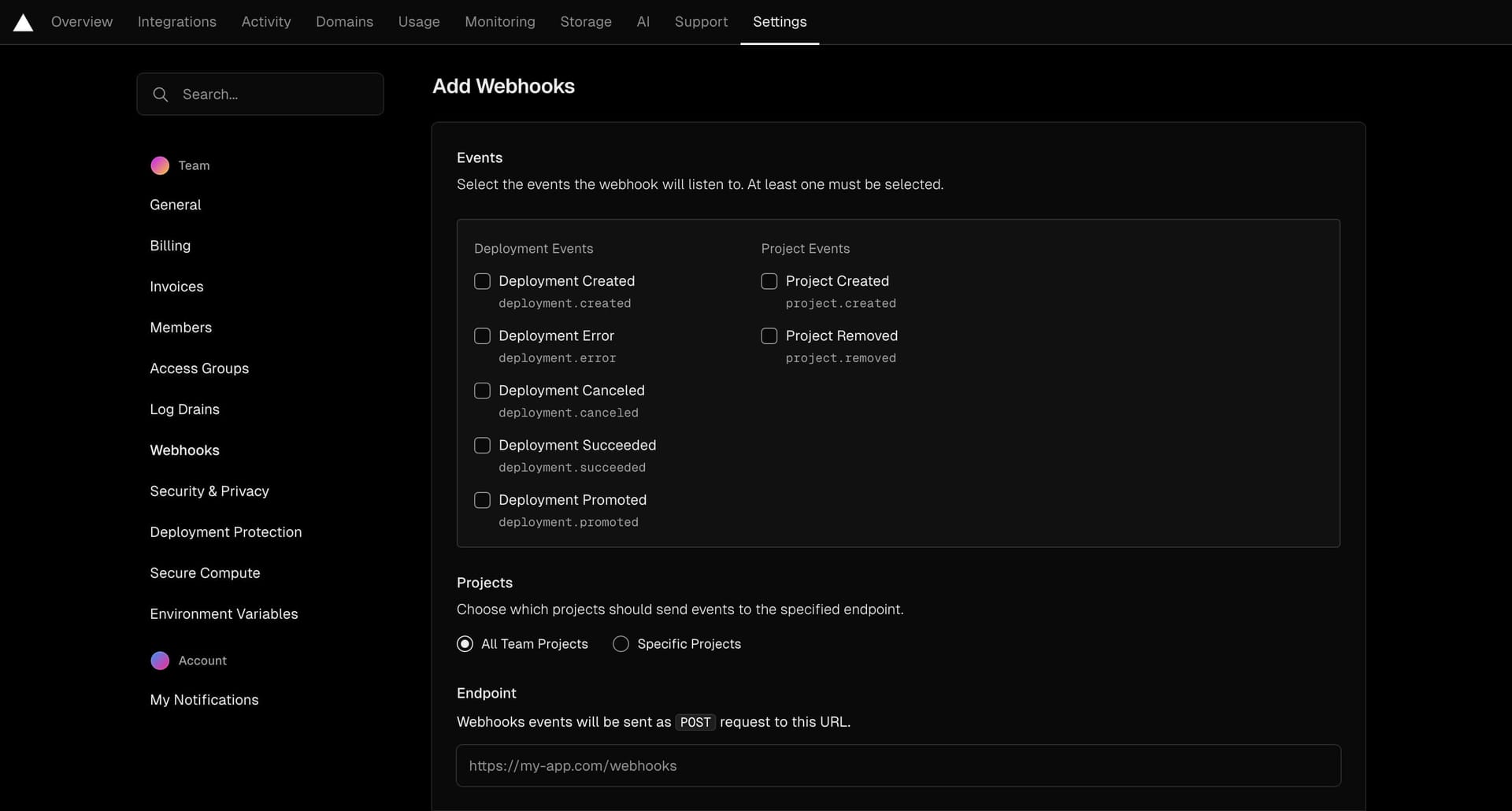 Configuring Webhooks in Vercel